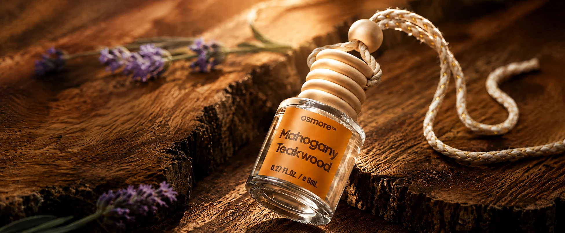 Mahogany Teakwood diffuser with wooden cap, braided cord, polished wood, and lavender