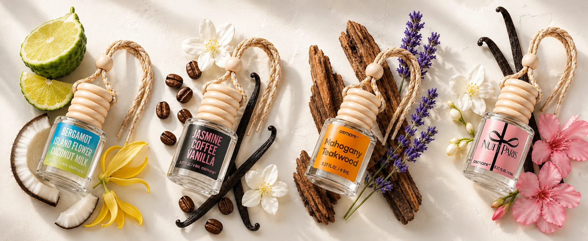 Cozy Comfort fragrance collection arranged with bergamot, coconut, coffee, vanilla, wood, lavender, and blossoms