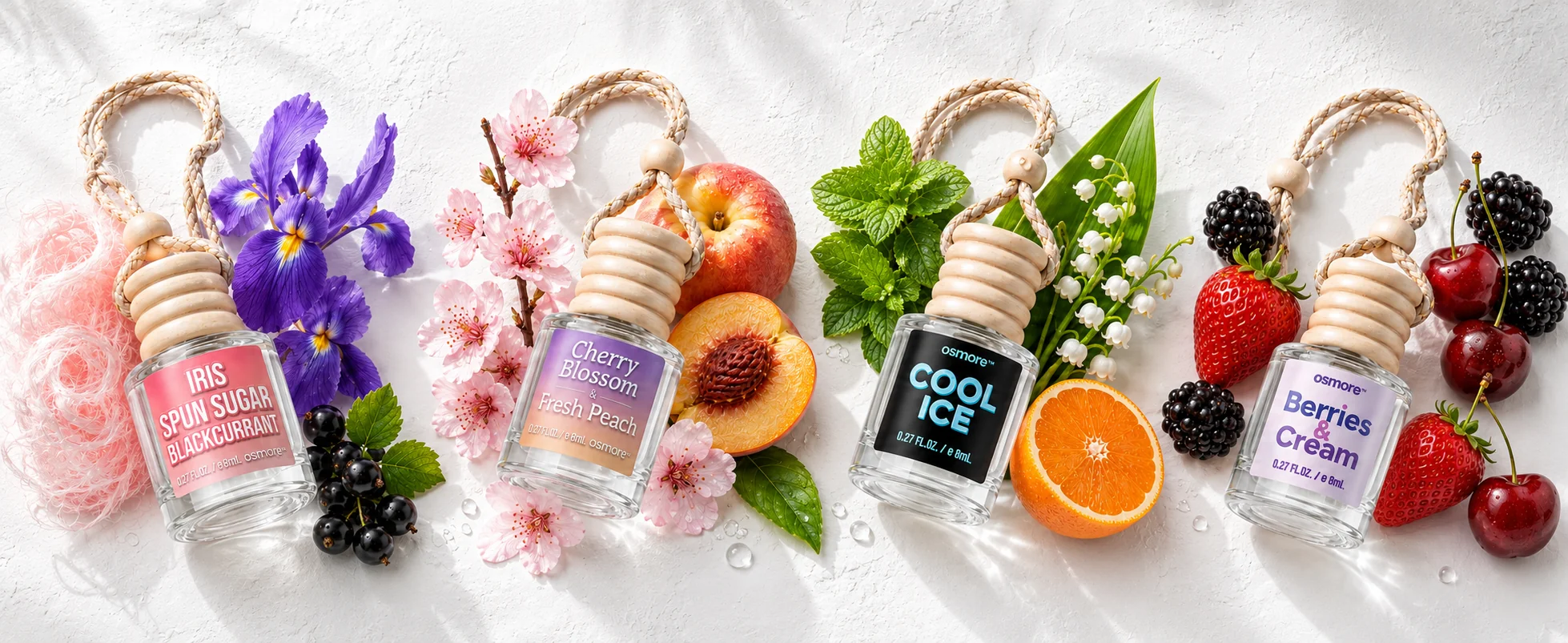 Refresh and Relax fragrance collection arranged with florals, peach, mint, citrus, and berries