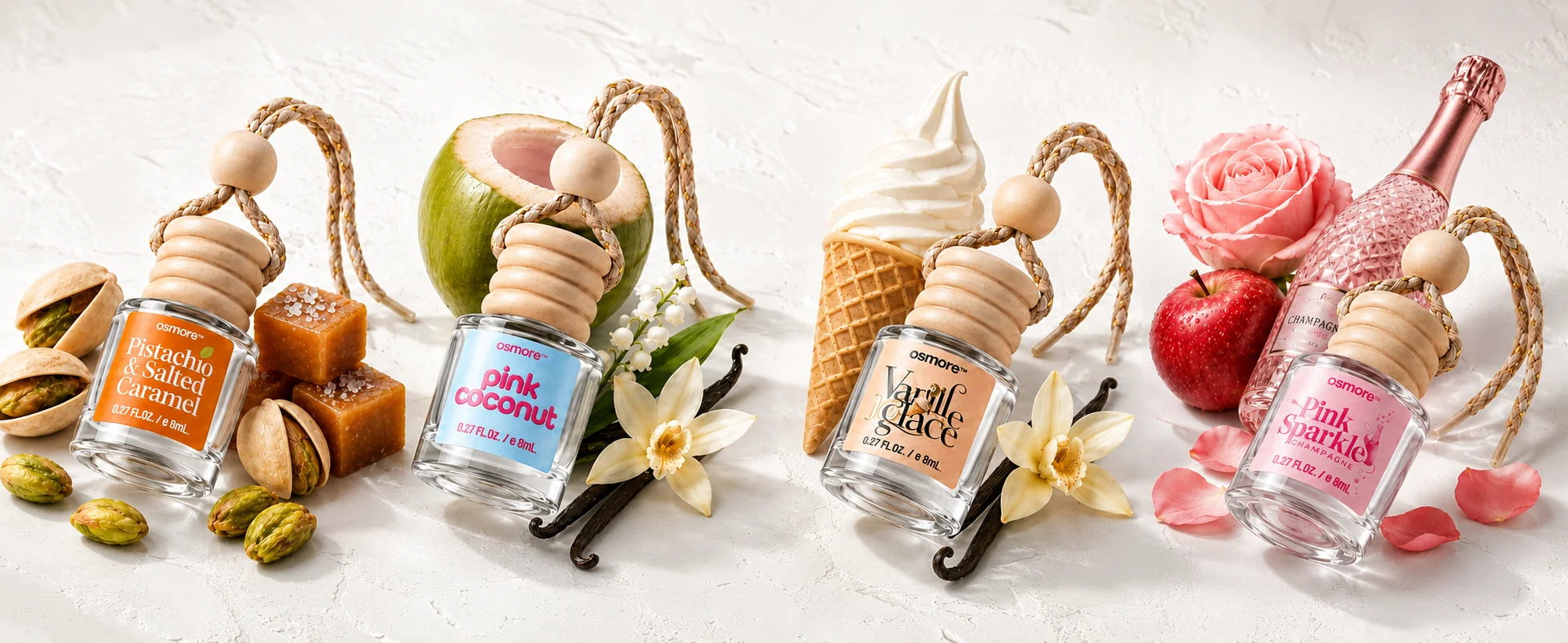 Signature Picks fragrance collection arranged with pistachio, coconut, vanilla, and sparkling floral ingredients