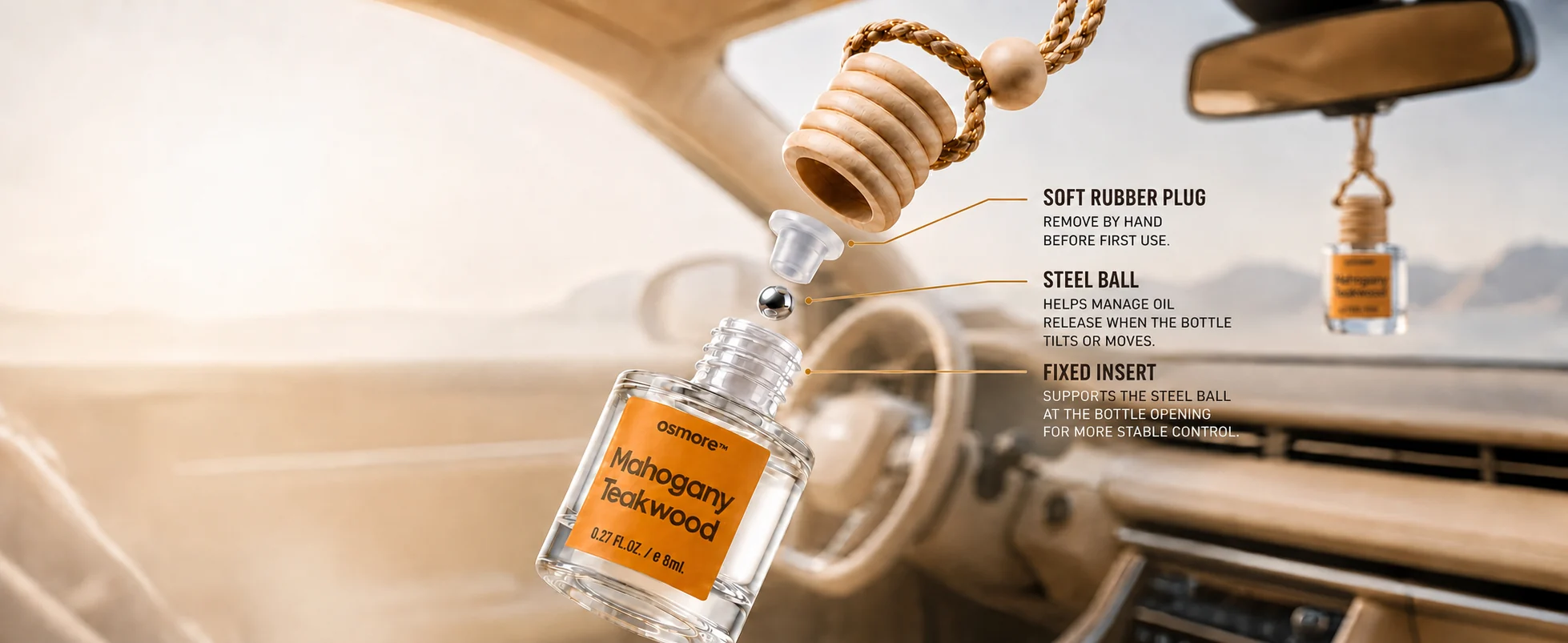 Mahogany Teakwood diffuser structure showing the soft rubber plug, steel ball, fixed insert, and car interior