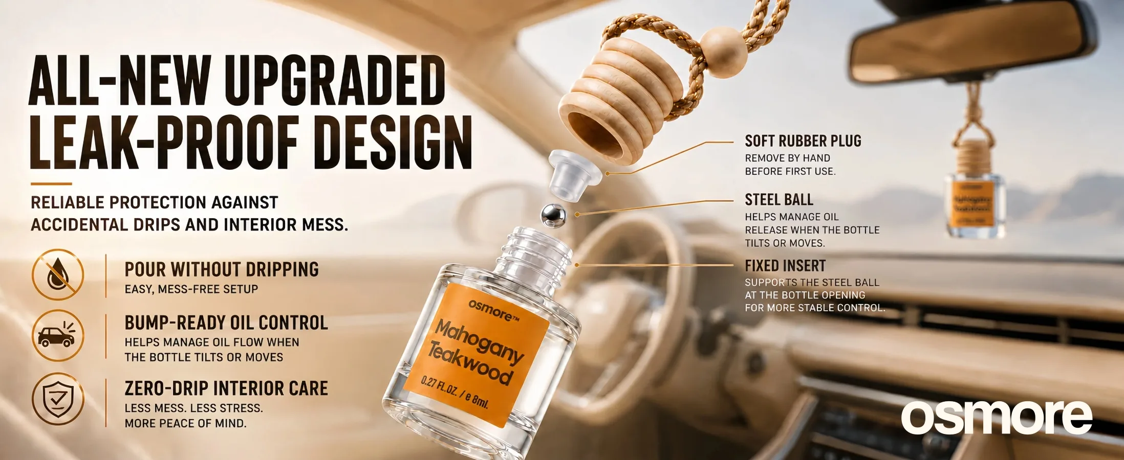 Mahogany Teakwood diffuser structure showing the soft rubber plug, steel ball, fixed insert, and car interior